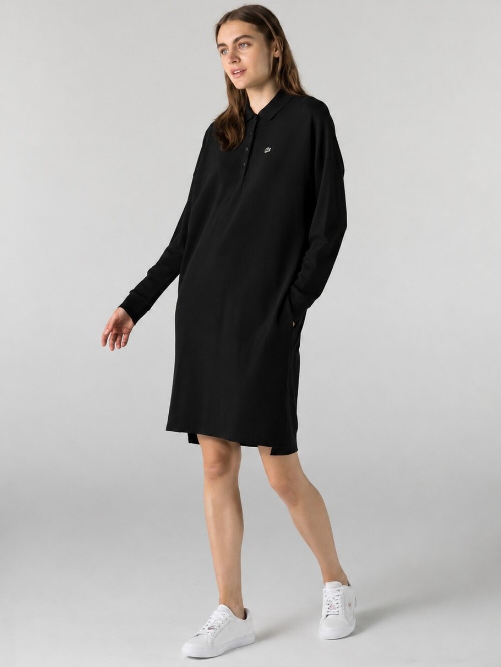 Lacoste Polo Midi Dress Size 6 Black Long Sleeve Shirt Dress